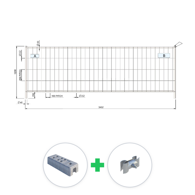 320m Bauzaun Set | 93 Elemente 3,45 x 1,20 m | inkl. Betonfuß & Schellen