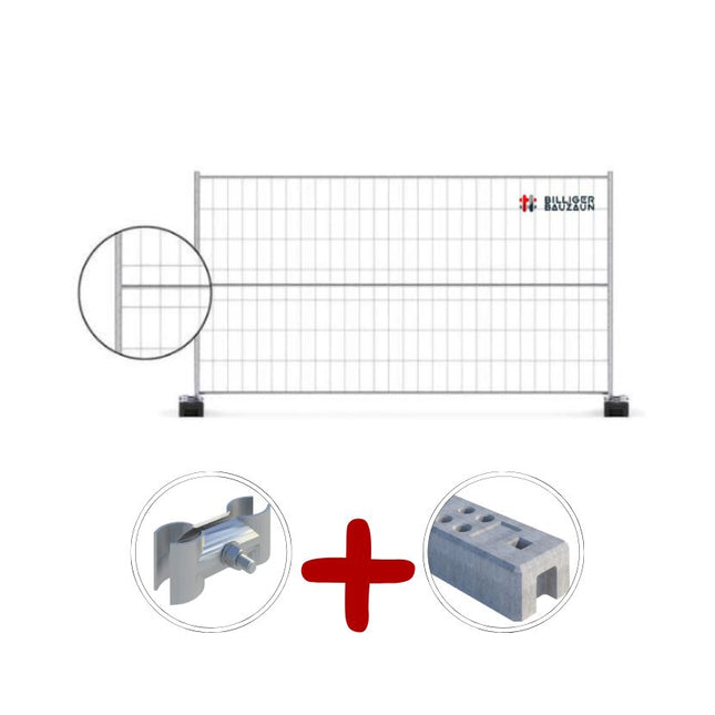 Bauzaun Set 123 m | 35 Felder 350x200 cm mit Horizontalstrebe, Betonfüßen & Schellen Bauzaun mit Strebe BilligerBauzaun. 