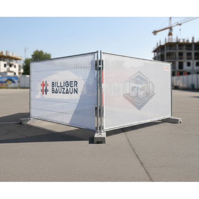 Bauzaun Dreiecksystem für Banner & Planen – standfeste Bauzaun-Aufstellung für Werbung Bauzaun BilligerBauzaun 