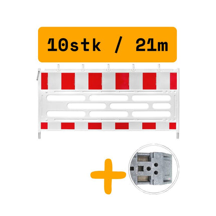 Schrankenzaun Set RA2 aus HDPE | 10 Absperrelemente + 11 K1-Fußplatten Schrankenzaun HDPE RA2 BilligerBauzaun. 